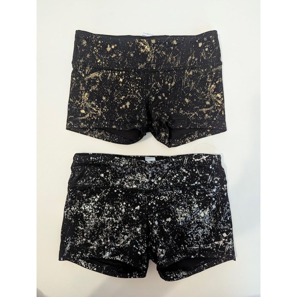 TWO Pairs Ivivva Black & Metallic Gold / Silver Splatter Shorts 8 10 cheer dance